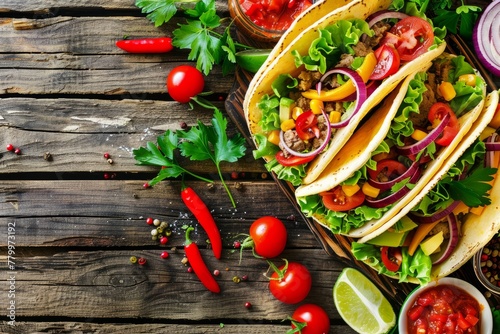 Authentic Mexican Tacos on Rustic Wooden Platter. Corn tortilla tacos with grilled steak, fresh pico de gallo, lime and sides on a rustic wood slice.