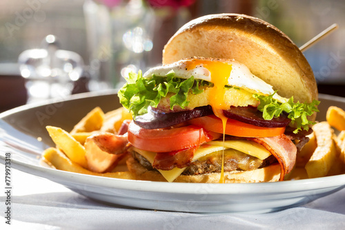 Plate with egg and meat burger with chips photo
