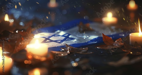 Candlelight and Flag of Israel. Lit candles with an Israeli flag in the background, dark ambiance. World Holocaust Day. Yom azikaron in Hebrew Memorial Day. Day of Remembrance photo