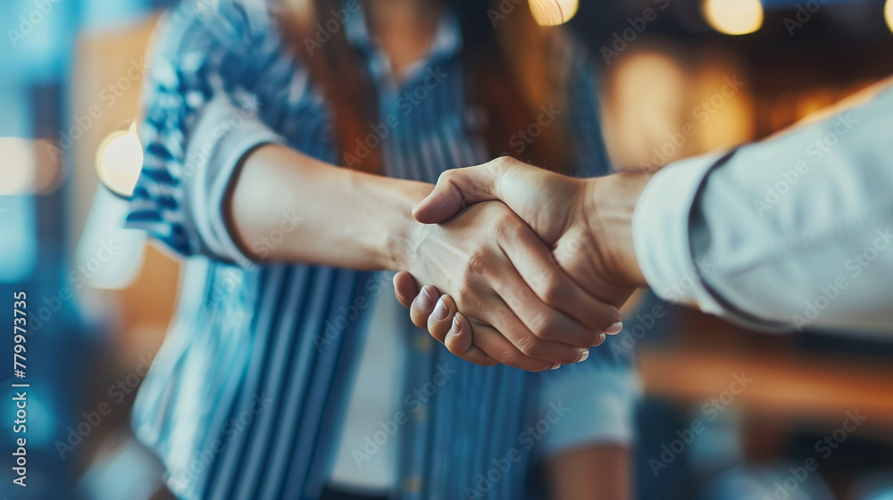 copy space, stockphoto, Business woman shaking hands with man during a meeting at the office, close up view of handshakes and a business deal in an open space. High quality photo. wideangle lens, full copy space, stockphoto, Business woman shaking hands with man during a meeting at the office, close up view of handshakes and a business deal in an open space. High quality photo. wideangle lens, full