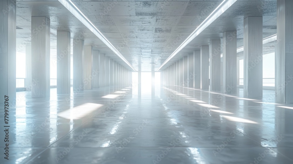 Modern Futuristic Corridor with Sunlight and Reflective Floors