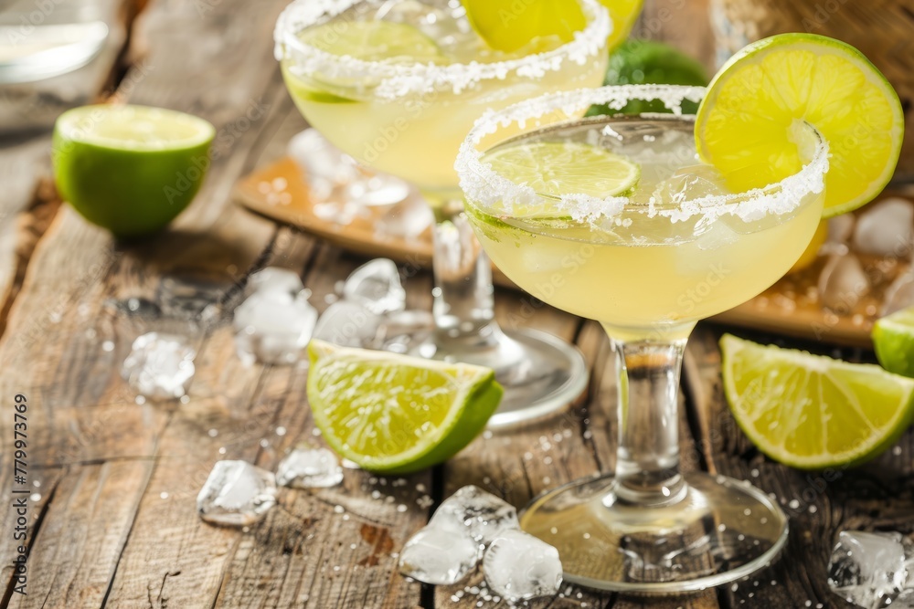 Fototapeta premium Festive Cinco de Mayo Margaritas. Traditional margaritas with lime and salt, colorful backdrop symbolizing Cinco de Mayo festivities.
