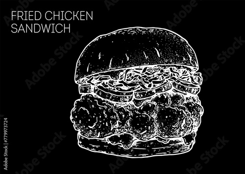 Fried chicken sandwich sketch. Hand drawn vector illustration.