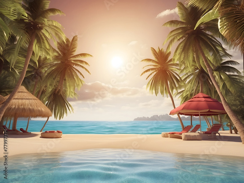 Beach travel summer holiday vacation concept background design with copy space  3d rendering