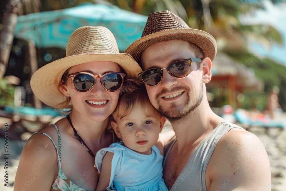 Portrait of a young family on vacation at the beach