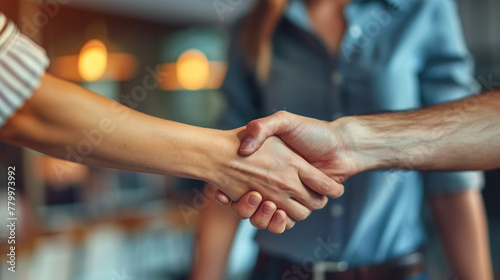 copy space, stockphoto, Business woman shaking hands with man during a meeting at the office, close up view of handshakes and a business deal in an open space. High quality photo. wideangle lens, full photo