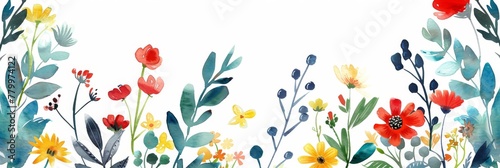Colorful watercolor wildflowers on white background. A delicate and vibrant array of watercolor wildflowers bloom across the scene, showcasing a variety of colors and forms on a pure white backdrop