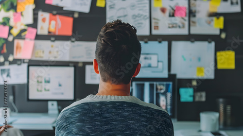 man overviewing a board with notes on the wall, generative ai