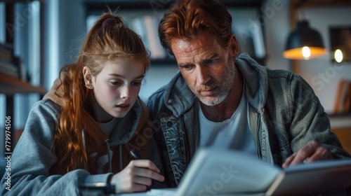 Father Helping Teenage Daughter with Homework at Night