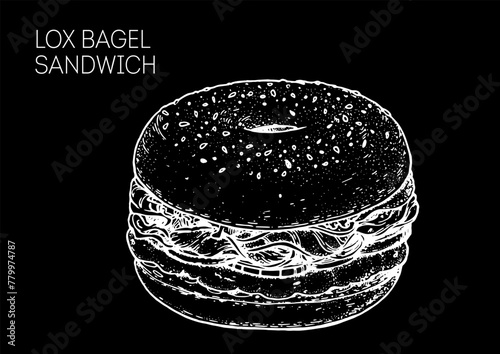 Lox bagel sandwich sketch. Hand drawn vector illustration.
