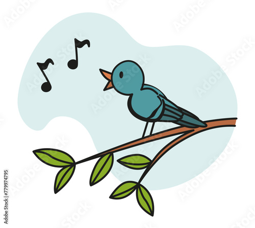 Object for cartoon sensory organ ear icon. Human senses education concept - bird sits on branch and sings. Vector illustration isolated on white background