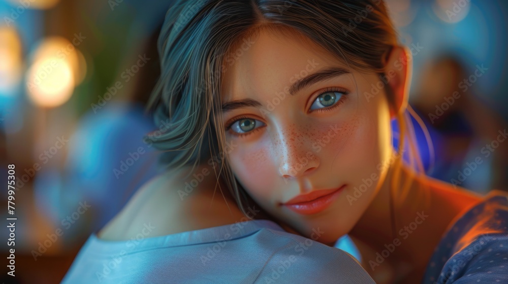 Captivating Blue-Eyed Woman in Warm Ambient Light