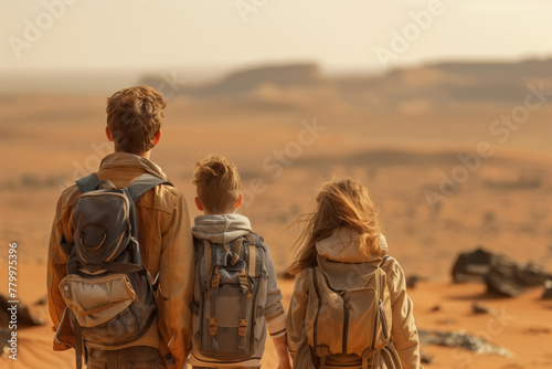 A family of tourists stand in the red Martian dirt as part of a space mission to study the colonization of Mars. Future © Sergio