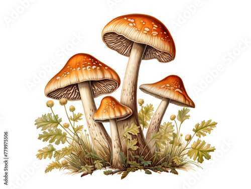  Wild mushrooms isolated on white background, beautiful wild fungus with grass, ferns and moss, illustration generated ai 