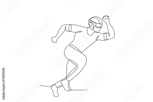 Running athlete wearing vr glasses helmet.Future athletes one-line drawing