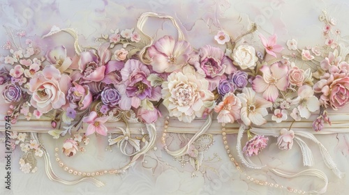 A romantic, pastel-colored bas-relief artwork that portrays a symphony of flowers interwoven with pearls and ribbons, encapsulating the essence of Rococo art.