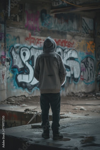 guy in a grey hoodie looking at a graffiti adorned wall, photo from behind