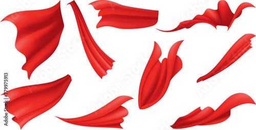 Woman superhero silhouette costume element set. Scarlet fabric silk cloak. Mantle costume or cover cartoon vector illustration