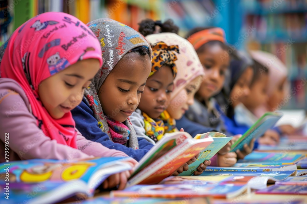 Diverse Young Readers Engrossed in Colorful Books. Group of children with headscarves reading together, absorbed in vibrant storybooks. Diverse Young Readers Engrossed in Colorful Books. Group of children with headscarves reading together, absorbed in vibrant storybooks.