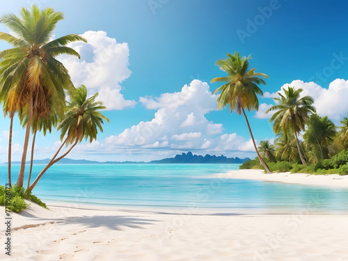 Beautiful tropical beach banner design. White sand and coco palms travel tourism comprehensive panorama background concept design. Amazing beach landscape