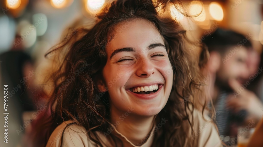 Joyful Woman Laughing in a Cozy Cafe Setting