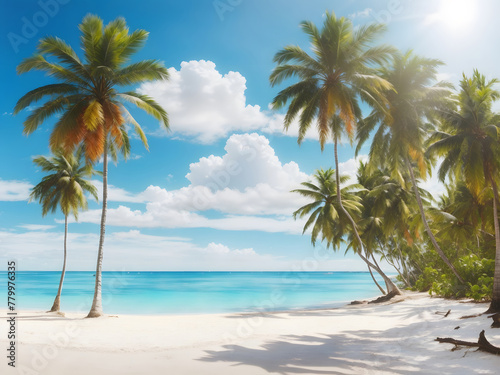 Beautiful tropical beach banner design. White sand and coco palms travel tourism comprehensive panorama background concept design. Amazing beach landscape © Mahmud