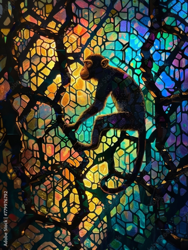 Monkey ensconced in kaleidoscopic patterns - Captivating image of a monkey perched amidst a mosaic of colorful, stained-glass-like patterns