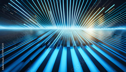 Digital illustration of light rays, stripes lines with blue light background. Generative Ai