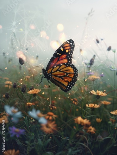 Monarch butterfly in a dewy flower field - An ethereal image showing a Monarch butterfly amidst dew-covered flowers, illustrating the delicate balance of nature
