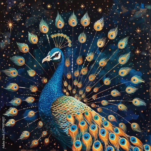 Colorful peacock showcasing its starry tail - The grand display of a peacock's tail, adorned with celestial patterns, signifies pride and rebirth