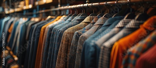 A row of men's hanging on the rack, including clothes and shirts in various colors. photo