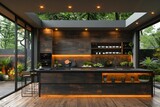 Kitchen is in a modern style. Large bright kitchen.
