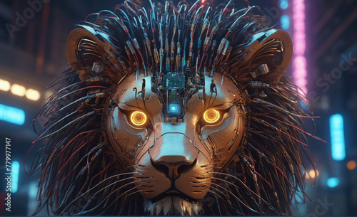 futuristic cyberounk city  futuristic scifi mechanical lion with many electric wires  detailed face  a mechanical eye  dynamic angle