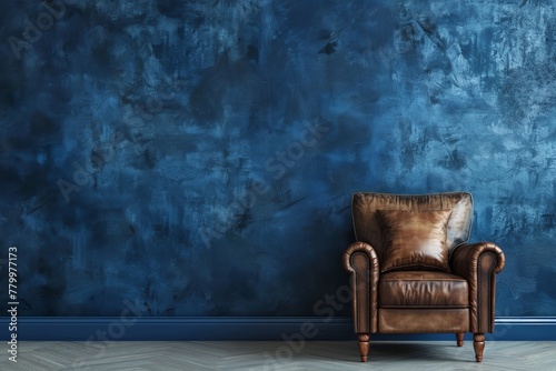 Living room with leather armchair on empty dark blue wall background