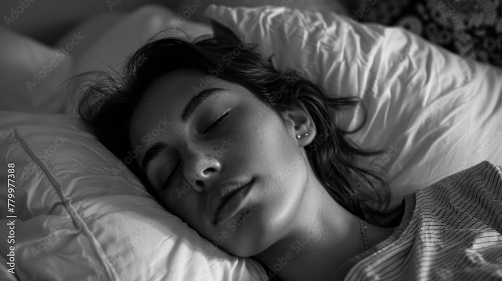 A woman is sleeping on a bed with a white pillow. She has a necklace around her neck A woman is sleeping on a bed with a white pillow. She has a necklace around her neck