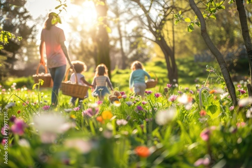 A woman and two children are happily picking Easter eggs in a field of flowers, surrounded by grass and a beautiful natural landscape AIG42E © Summit Art Creations