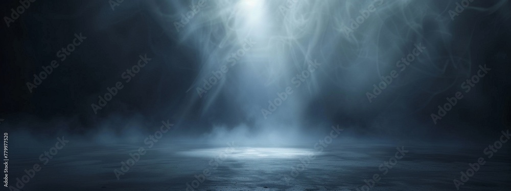 A dark, foggy background with a single spotlight illuminating a blank space in the center.