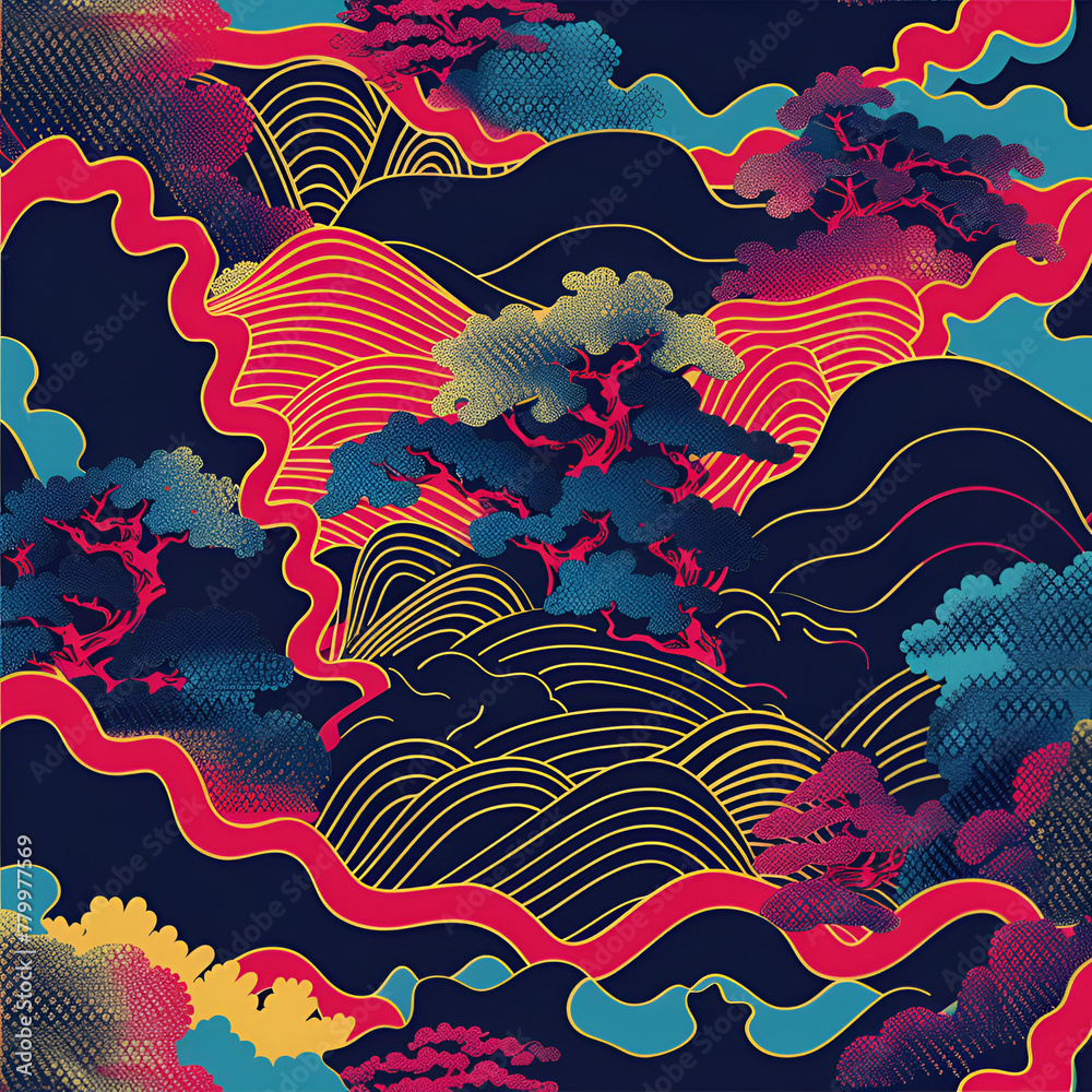 **japanese woodblock, ukiyo-e, kimono pattern in the stle of retro neon** - Image #1 <@939032291743789057>
