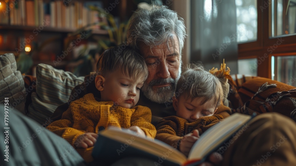 Grandfather Reading a Storybook to Sleeping Toddlers at Home Grandfather Reading a Storybook to Sleeping Toddlers at Home