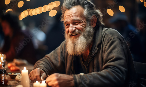 Warmly smiling elderly bearded man in casual clothes enjoying a meal at a busy social gathering with festive lights in the background