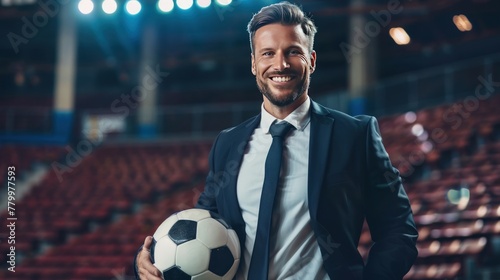 Portrait happy smiling businessman in formal wear holding a soccer ball in stadium. AI generated