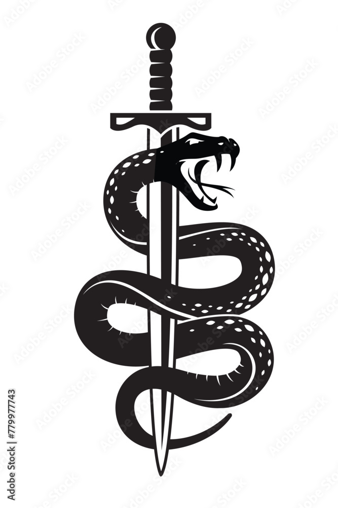 snake and sword in tattoo style isolated on white background - obrazy, fototapety, plakaty 