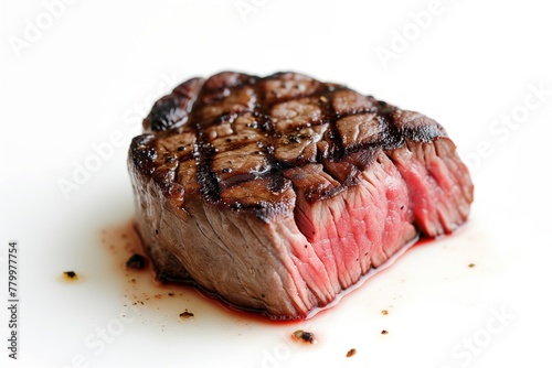 medium rare grilled stake, plain white background with no decorations