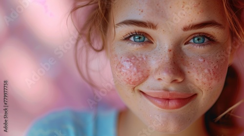 Radiant Freckled Woman with Striking Blue Eyes and Warm Smile