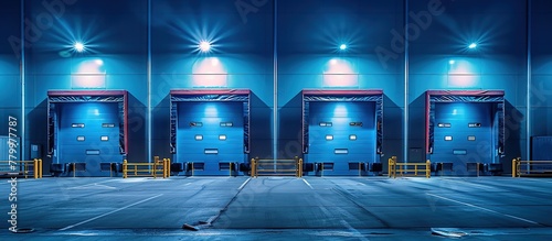 The blue industrial warehouse is fronted by a large concrete parking lot, with many large doors at night illuminated by lights. © Mas