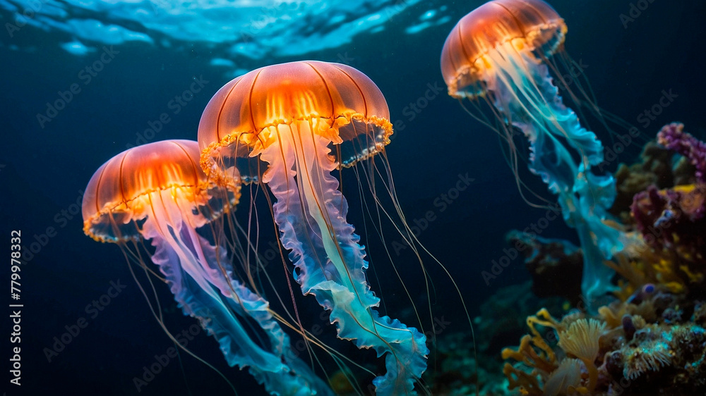 Glowing jellyfish swim deep in blue sea. Medusa neon jellyfish fantasy in space cosmos among stars. 3d render