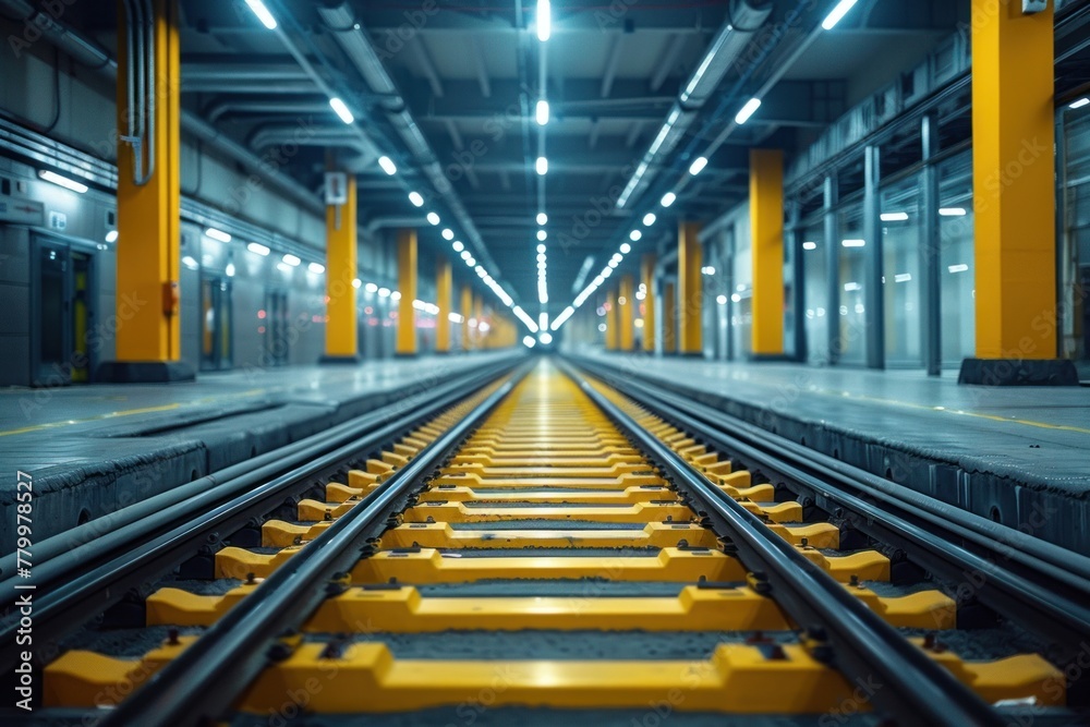 Train track with yellow rails in a busy train station setting
