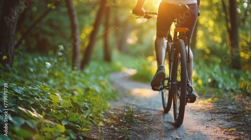 A person is riding a bicycle on a path through a forest. The sun is shining brightly, casting a warm glow on the scene. The rider appears to be enjoying the ride and the natural surroundings