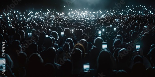 A crowd of people are holding up their cell phones in the dark. Scene is one of excitement and anticipation, as if the people are waiting for something big to happen
