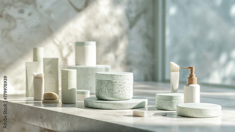 Naklejka premium A display of innovative, biodegradable cosmetic packaging made from seaweed, arranged on a marble countertop. The natural light from the room illuminates the sleek designs, casting